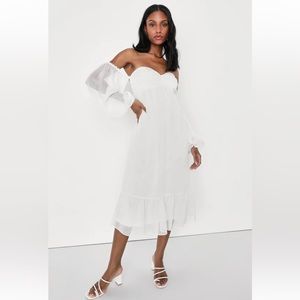 Precious Feeling White Off-the-Shoulder Tie-Back Midi Dress